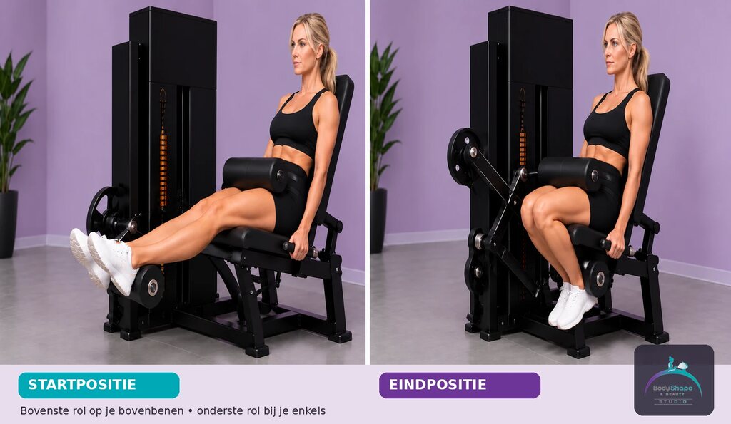Blonde sporter toont de begin- en eindpositie van de Leg Curl