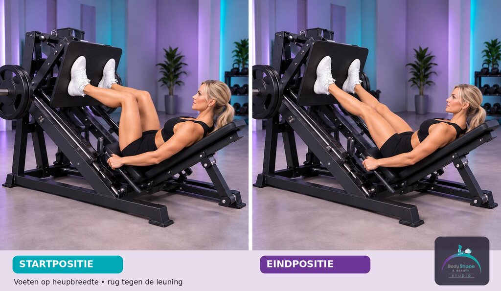 Leg Press – standaard: startpositie links en eindpositie rechts