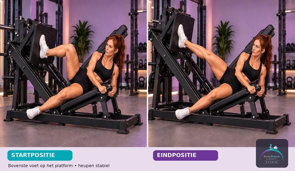 Roodharige sporter toont de begin- en eindpositie van de zijwaartse Leg Press